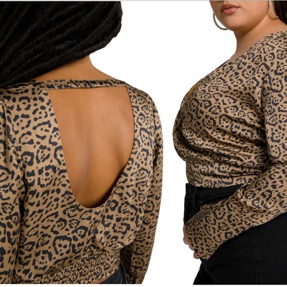 Good American Tops - Good American Satin Faux Wrap Top in Leopard Print